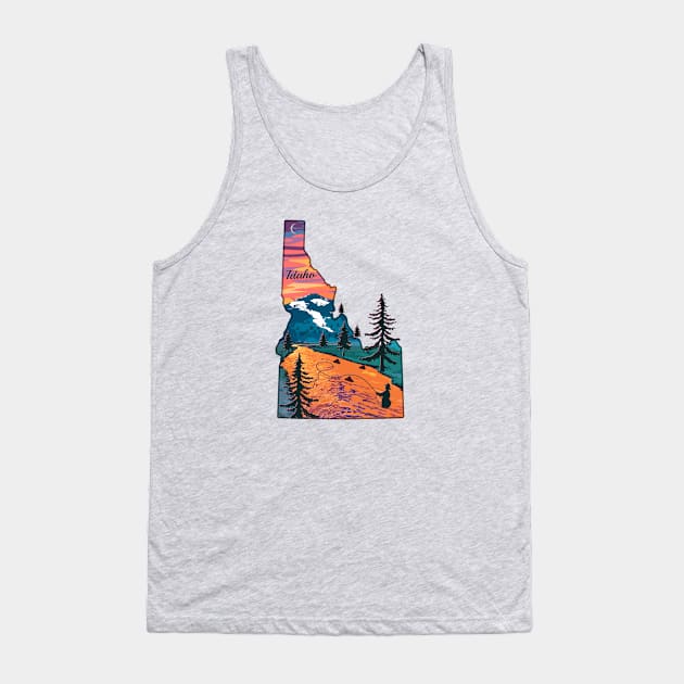 Fly Fishing Idaho State Map Mountain Sunset River Retro Tank Top by TeeCreations